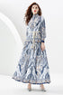 You Spin Me Around Fall Vintage Blue Paisley Pattern Stand Collar, Puff Long Sleeve Party, Festive Flowy Maxi Dress